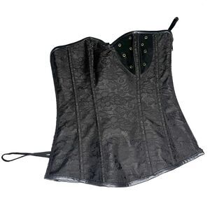 Black Lace Corset Bustier Faux Leather Trim Zip Front Size M